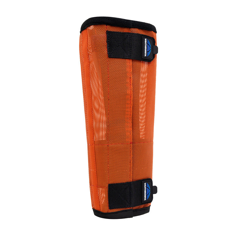 Weatherbeeta Comfitec Dura-Mesh Fly Wraps in orange/black with two straps, on white background.