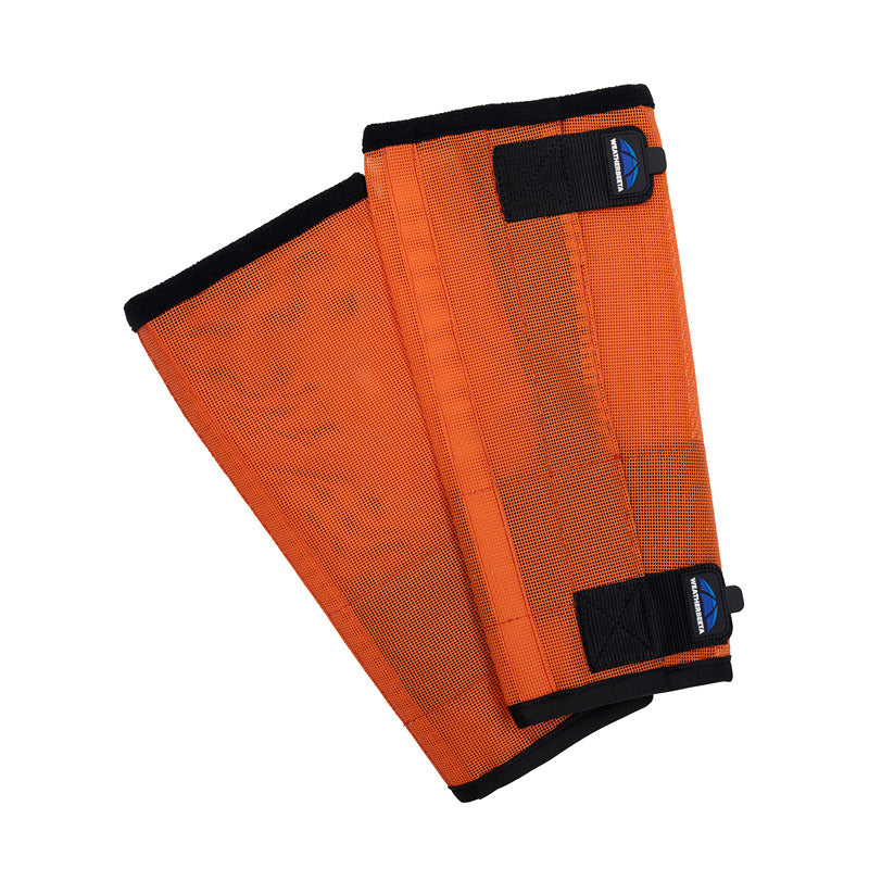 Weatherbeeta Comfitec Dura-Mesh Fly Wraps in orange/black with two straps, on white background.