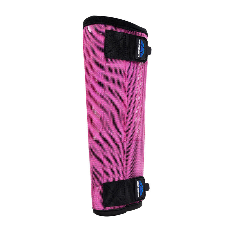 Two Weatherbeeta Comfitec Dura-Mesh Fly Wraps in pink/black shown side by side.
