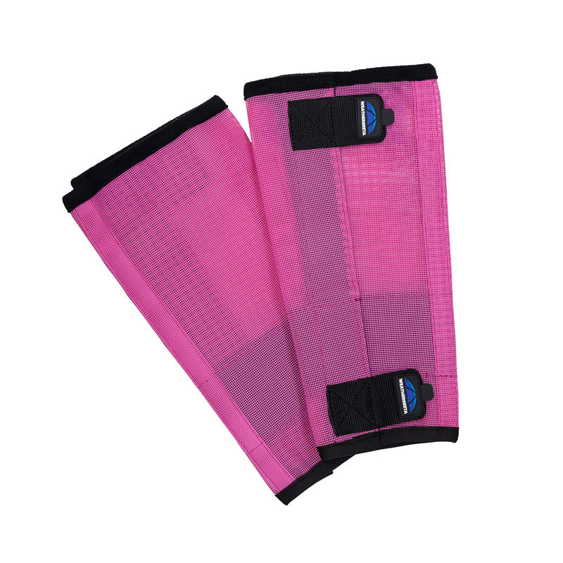 Two Weatherbeeta Comfitec Dura-Mesh Fly Wraps in pink/black shown side by side.