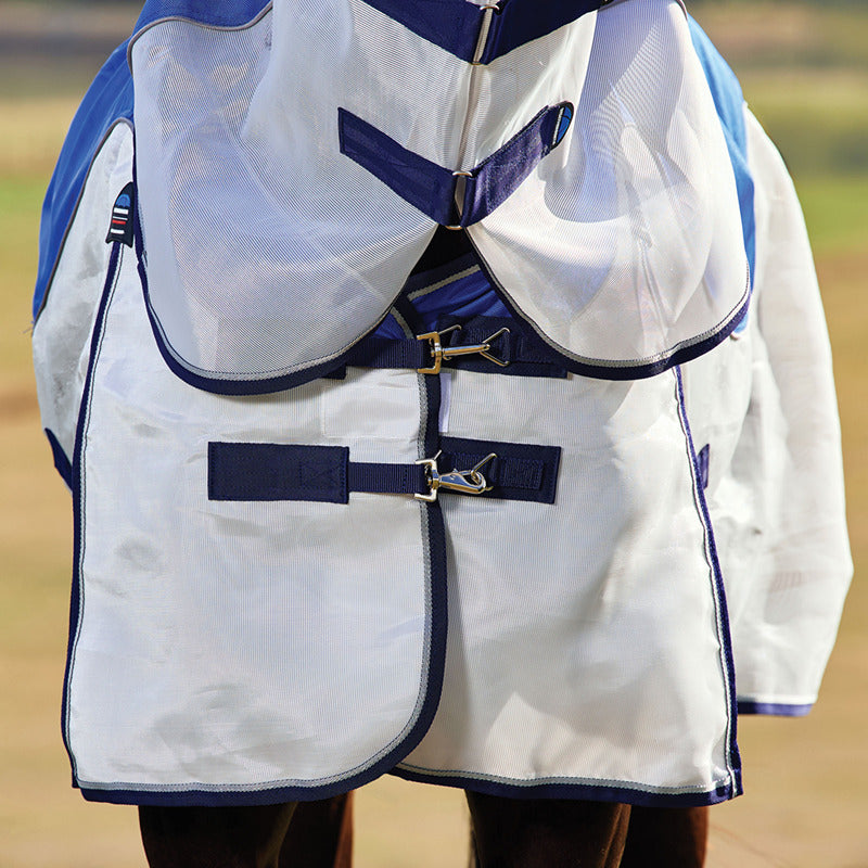 Weatherbeeta Comfitec Duo Shield Fly Rug with front buckles and blue mesh straps on horse.