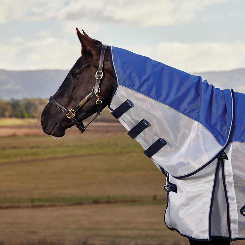 A horse in a Weatherbeeta Comfitec Duo Shield Fly Rug stands in a field with hills behind.