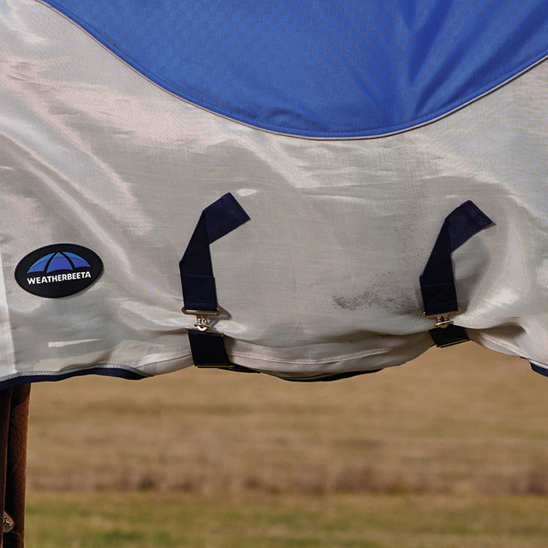 WeatherBeeta blue/silver/navy fly rug with two black straps and attached WeatherBeeta logo.