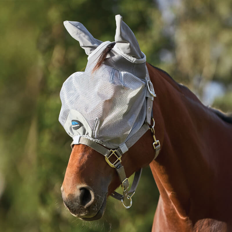 Brown horse wearing a Weatherbeeta Comfitec Hexi Shield Duo Fly Mask Silver outdoors.