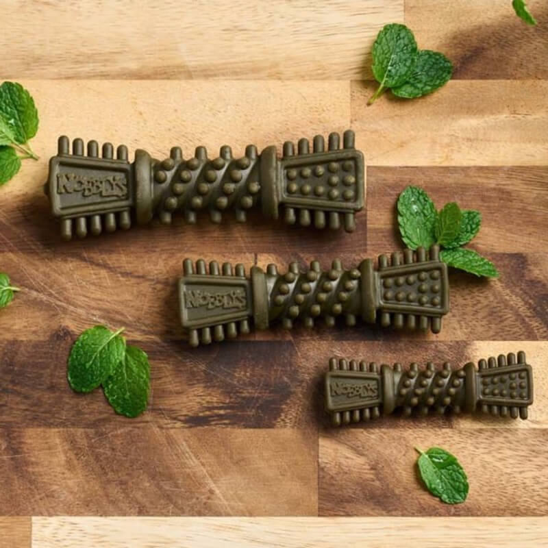 Three Nobblys Petellos Tough Brush Mint Dog Chews rest on a wooden surface.