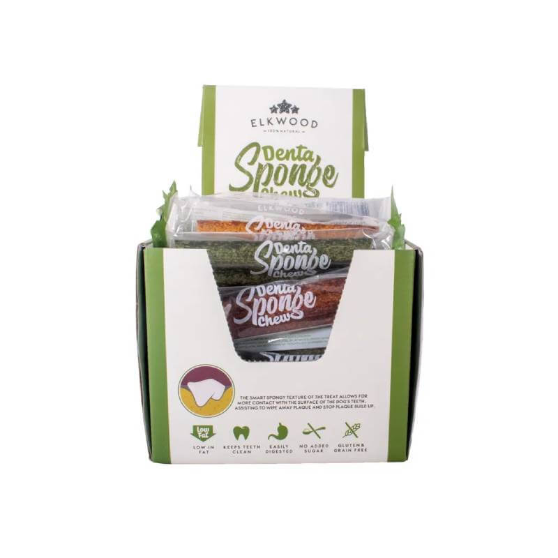 Box of Elkwood Sponge Dental Stick treats for dogs, made with natural ingredients for plaque control.