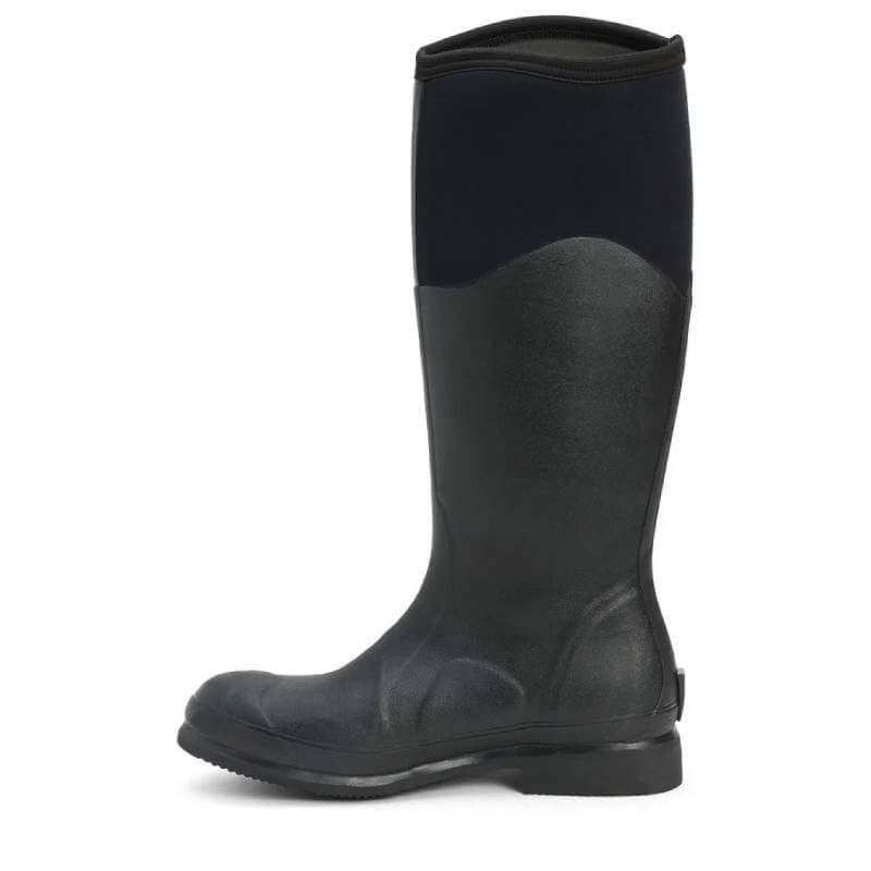 The Muckboot Colt Ryder Black equestrian boot with textured sole, shown in profile on white.