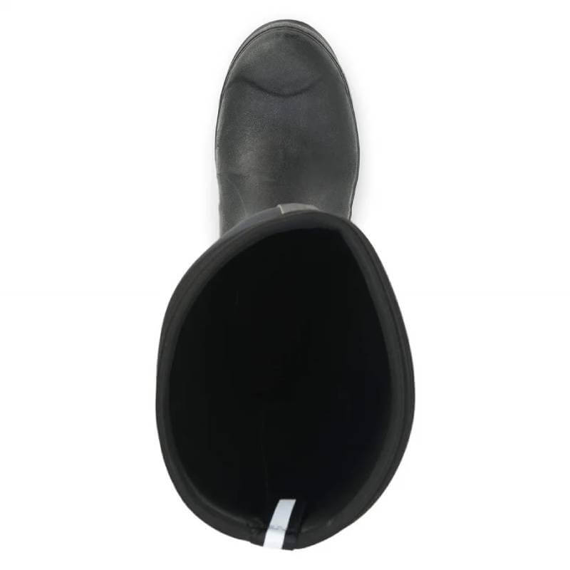 Top view of a single Muckboot Colt Ryder black waterproof equestrian boot facing upward.