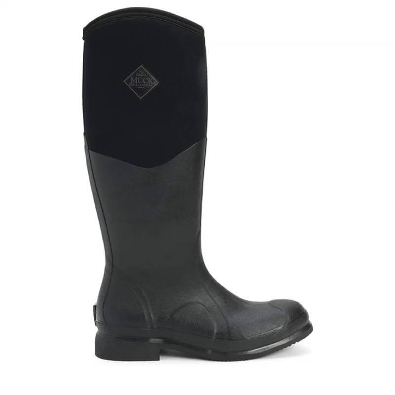 Muckboot Colt Ryder Boots Black—knee-high neoprene riding boots with upper side logo, side view.