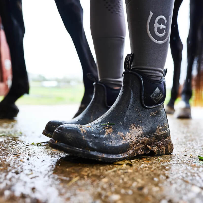 Muckboot Wear Black waterproof ankle boots with pull tabs and side diamond logo.