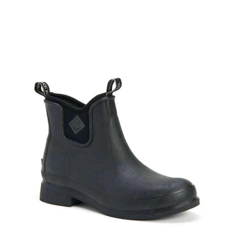 Muckboot Wear Black waterproof ankle boots with pull tabs and side diamond logo.