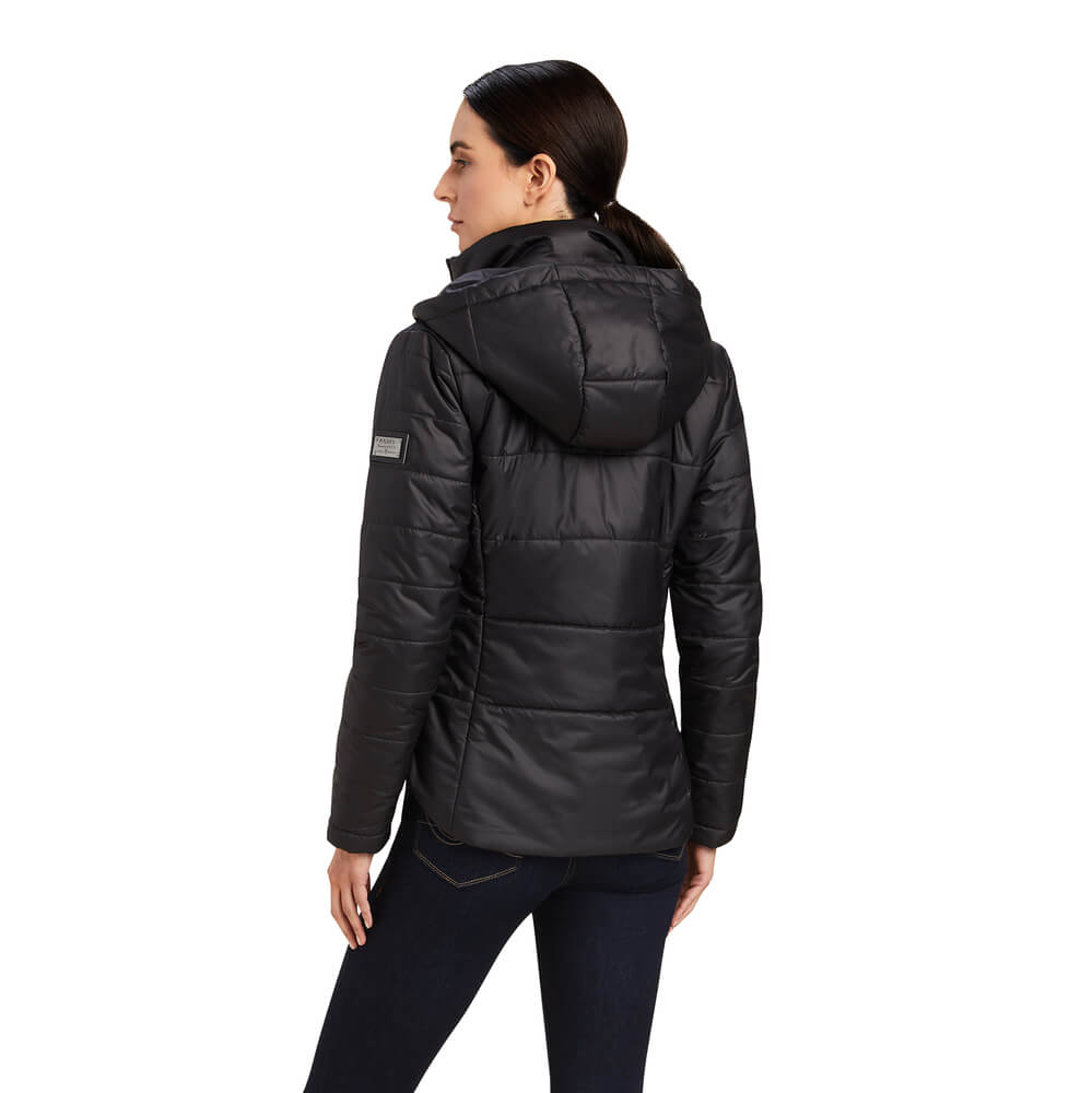 Woman wearing Ariat Harmony Insulated Jacket Black, standing against a white background.