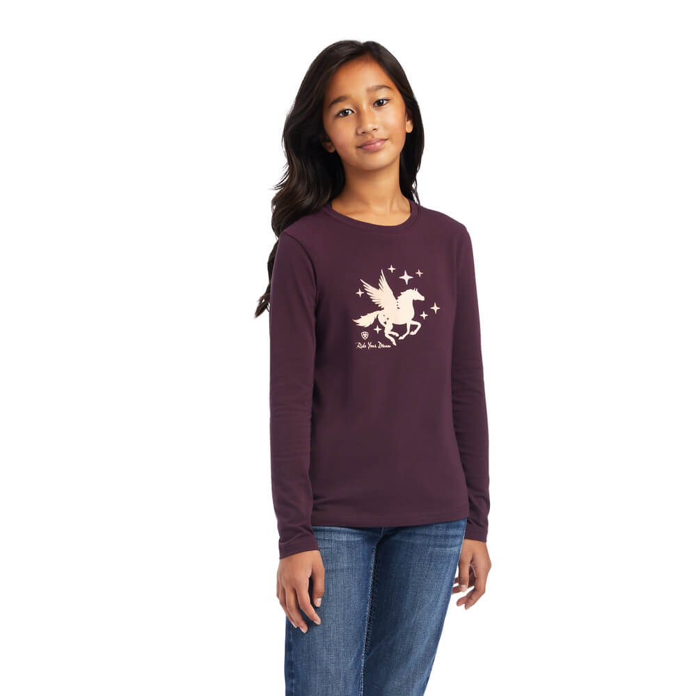 Girl in Ariat Youth Dream Mulberry long sleeve shirt and blue jeans.