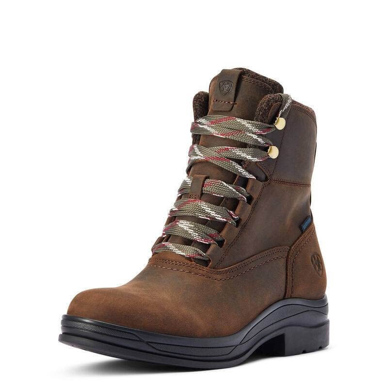 Ariat Harper H2O Waterproof Boots in chocolate with thick sole and red-gray laces for comfort.