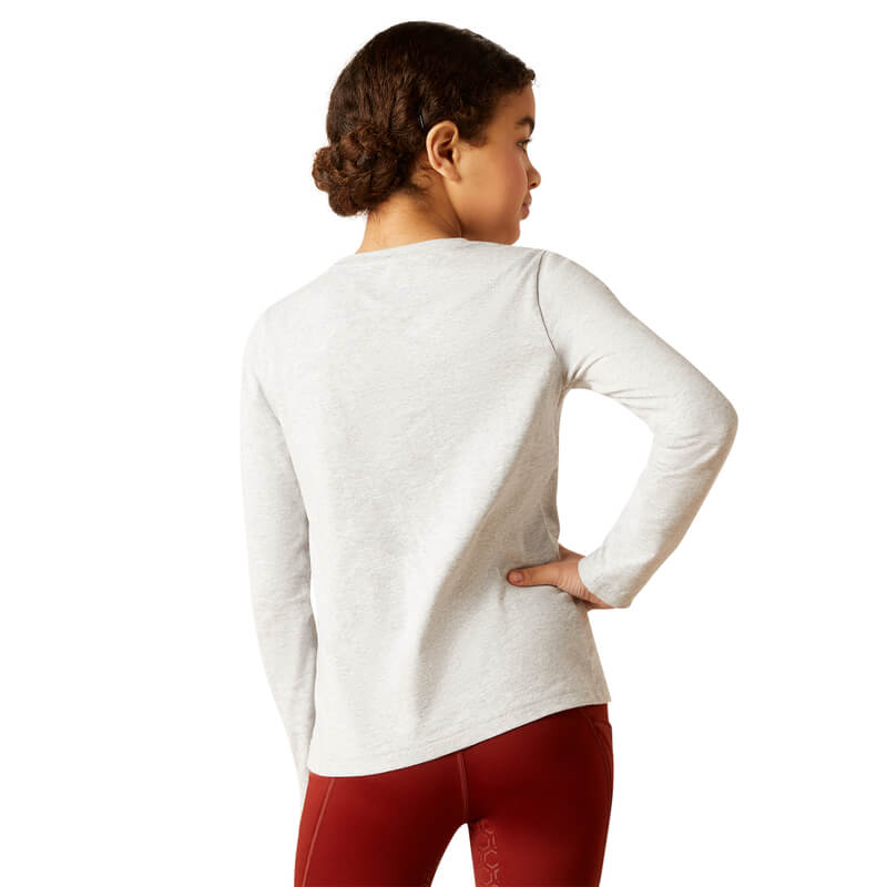 Girl in an Ariat Youth Winter Fashions long sleeve top, light gray, seen from the back.