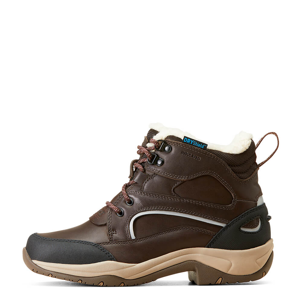 Ariat Telluride H2O Insulated women's boot with pink laces, tan sole, and white fleece lining.
