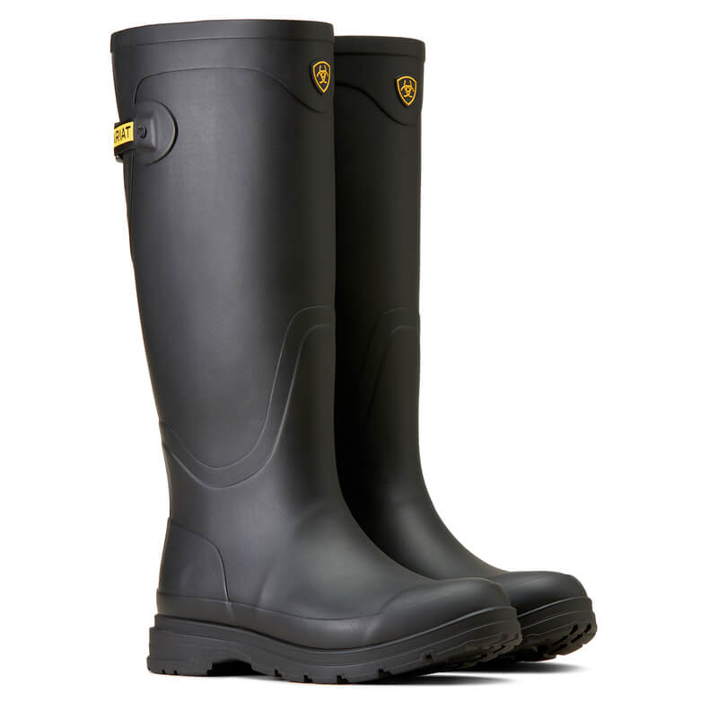 Ariat Kelmarsh Wellington Black boots by Ariat with textured soles stand upright on white background.