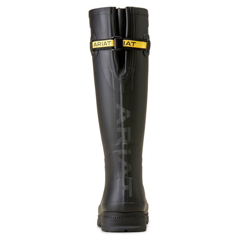 Ariat Kelmarsh Wellington Black boots by Ariat with textured soles stand upright on white background.