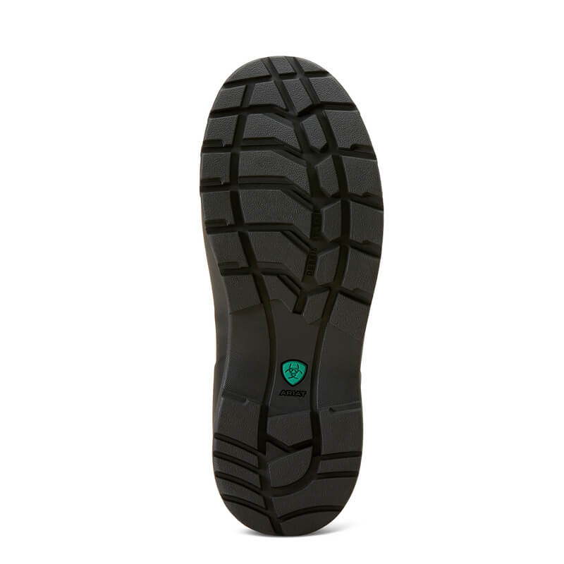 Ariat Kelmarsh Wellington Black boot with rugged sole and a small green shield logo.
