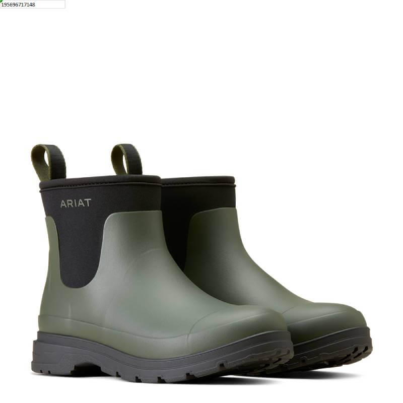 Ariat Kelmarsh Shortie Dark Olive boots—durable, waterproof ankle footwear with black soles.