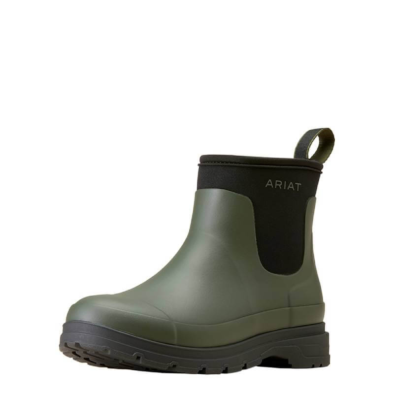 Ariat Kelmarsh Shortie Dark Olive boots—durable, waterproof ankle footwear with black soles.