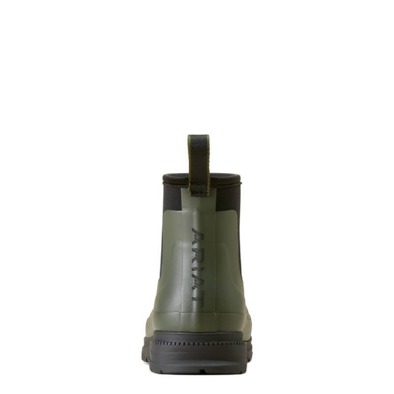 Ariat Kelmarsh Shortie Dark Olive: green ankle boot with black sole, pull tab, and Ariat logo.