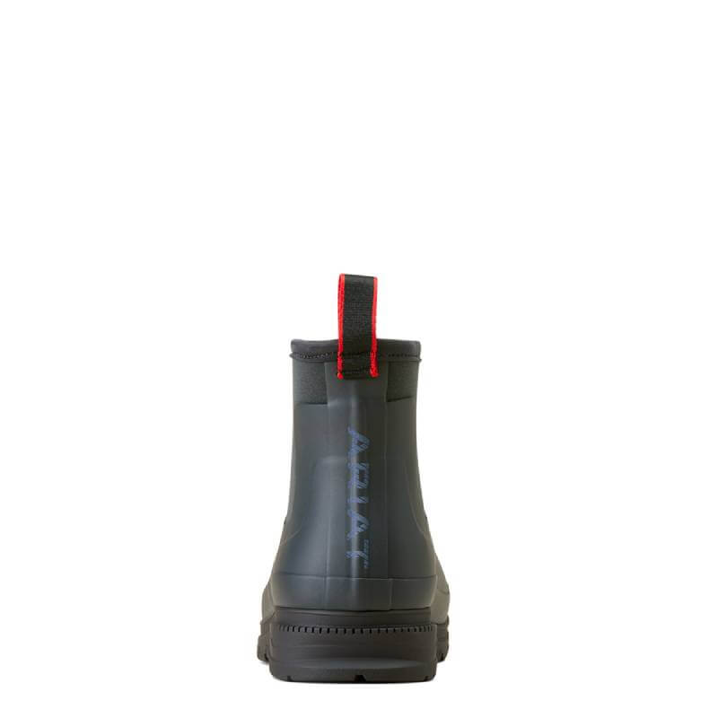 Navy Ariat Kelmarsh Shortie ankle rain boot with red pull tab, viewed from the back.