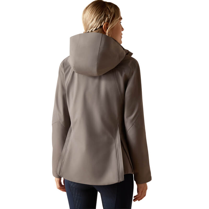 Woman in a plum grey Ariat Womens Coastal H2O Jacket, seen from the back.