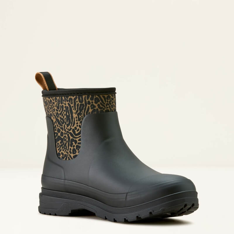 Ariat Kelmarsh Shortie Black/Ocelot Print boots: stylish waterproof footwear for women.
