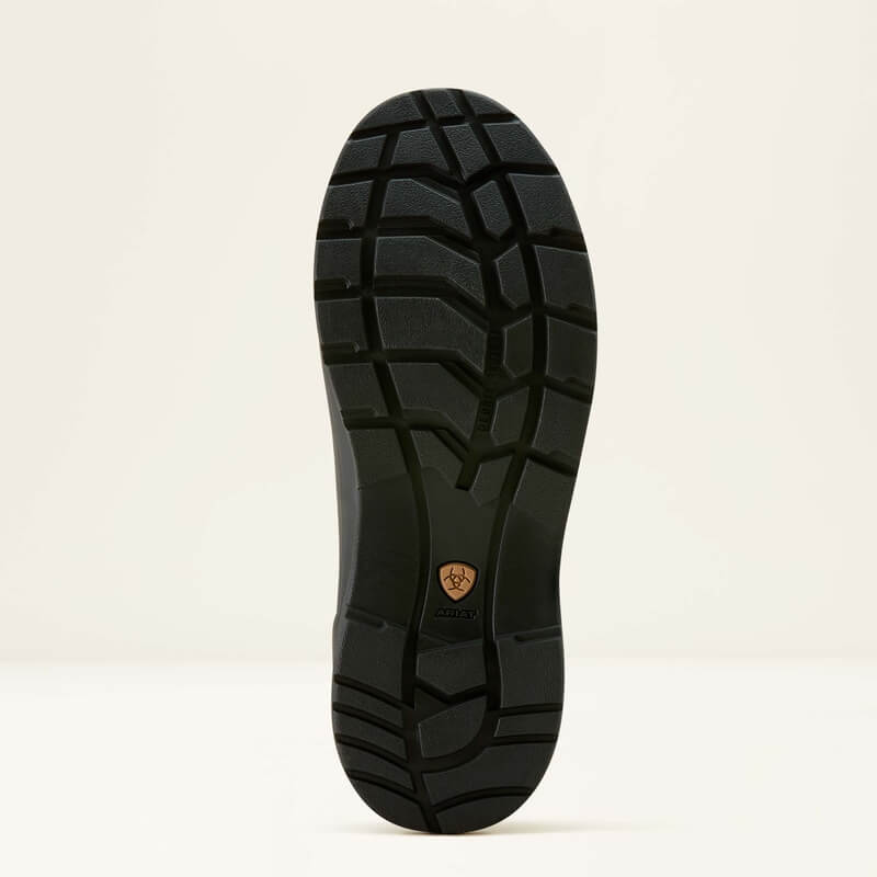 Black rubber sole with deep treads on Ariat Kelmarsh Shortie Black/Ocelot Print boots.