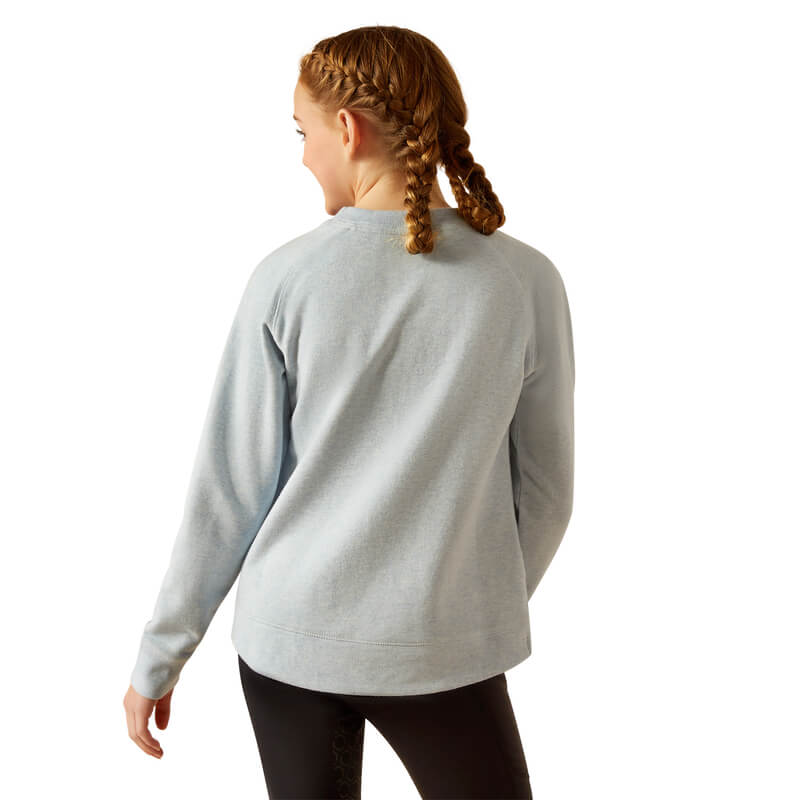 Person with braided hair in an Ariat Youth Benicia Sweatshirt in Cerulean Heather, facing away.