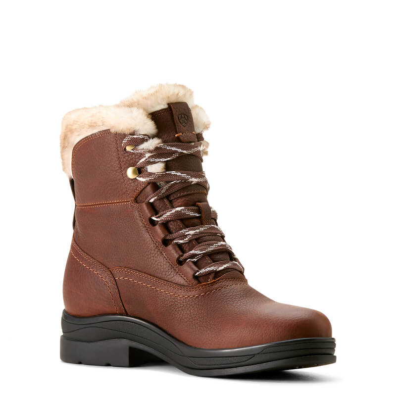 Ariat Harper Sherpa H2O Boots in dark brown with fur lining and thick sole, side view.