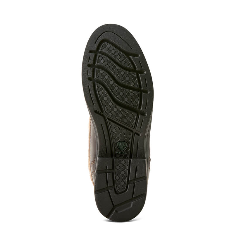 Black rubber sole with textured tread, found on Ariat Wythburn II Sherpa H2O Boots Dark Mocha.