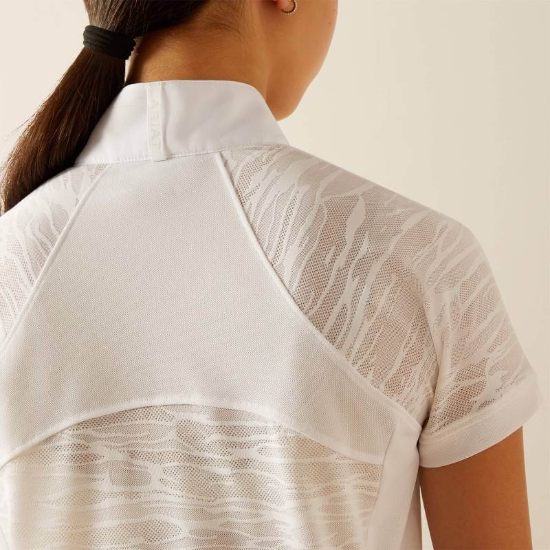 Girl in Ariat Youth Aptos Vent 2.0 SS Show Shirt White, back view, ponytail up.