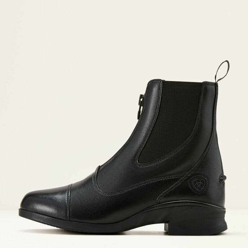 Ariat Womens Heritage Zip Paddock Boot Black in leather with side zipper and low heel, profile view.