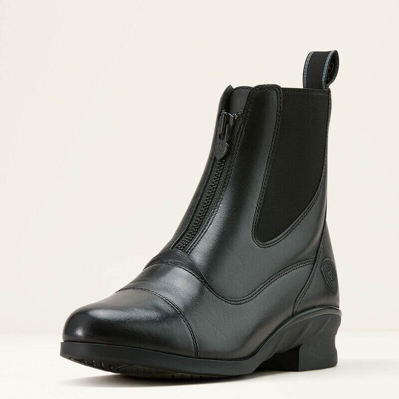 Ariat Womens Heritage Zip Paddock Boot Black with front zipper and low heel on plain background.