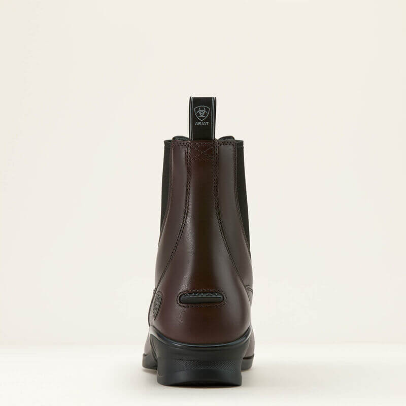 Rear view of Ariat Womens Heritage Zip Paddock Boot in light brown with black pull tab and sole.