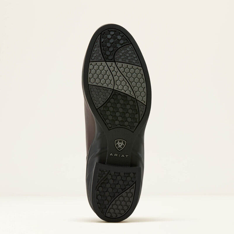 Black rubber sole of Ariat Womens Heritage Zip Paddock Boot Light Brown, shown from the bottom.