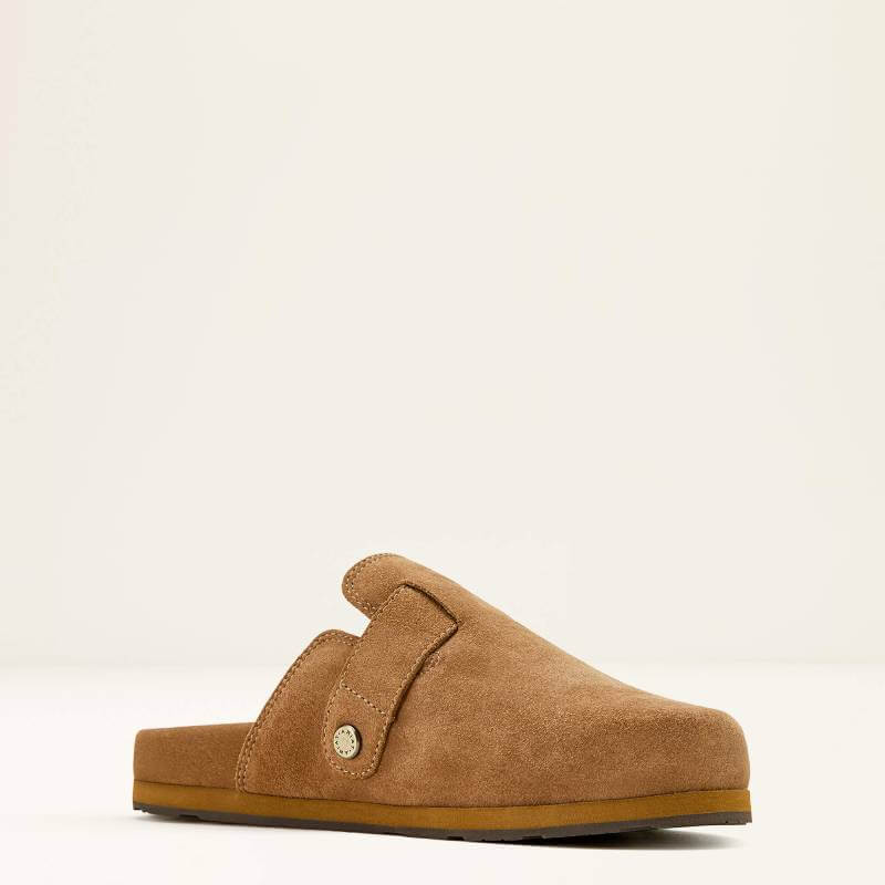 Ariat Womens Country Mule in caramel suede—flat, strapped, for indoor or outdoor wear.