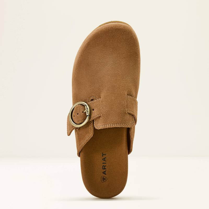 Ariat Womens Country Mule in caramel suede with round toe, side buckle, and branded insole.