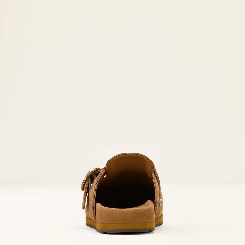Rear view of Ariat Womens Country Mule in caramel suede, moccasin style, on light background.