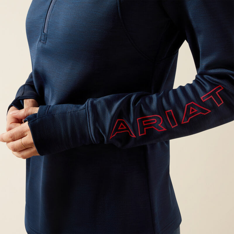 Ariat Womens Team EQ 1/2 Zip Pullover Navy with moisture wicking and red sleeve logo.