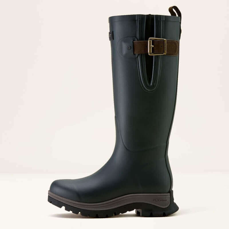 Ariat Woodstock Rubber Boot in Deep Navy with side buckles and thick black soles.