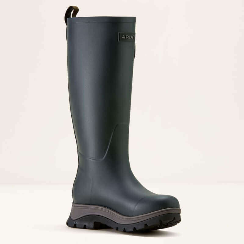 Deep navy Ariat Woodstock rubber boot with thick black sole against a plain background.