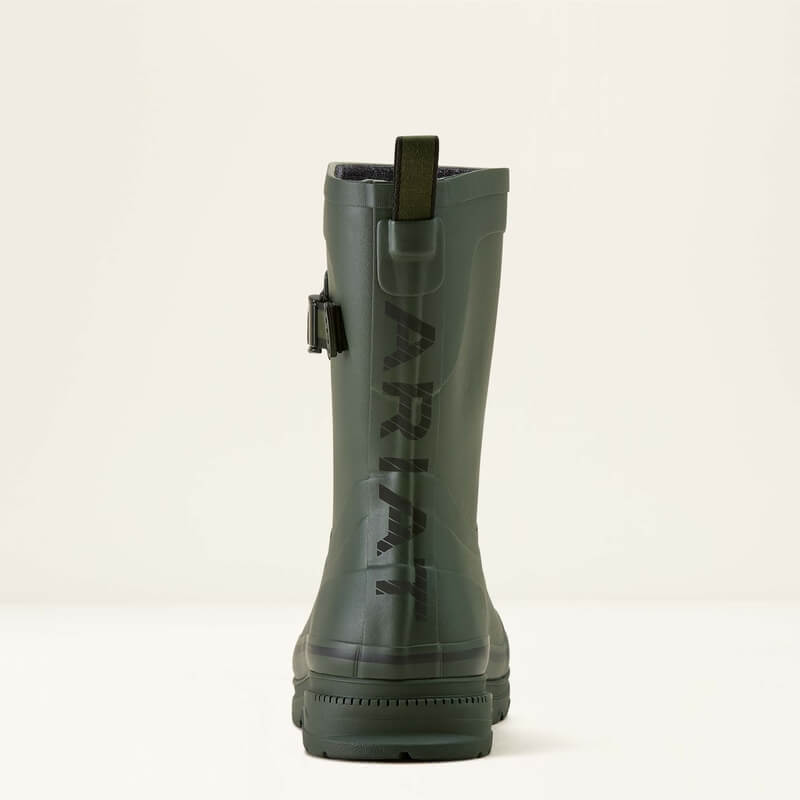 Ariat Kelmarsh Mid Dark Olive boot in green rubber, waterproof, ideal for country-chic style.
