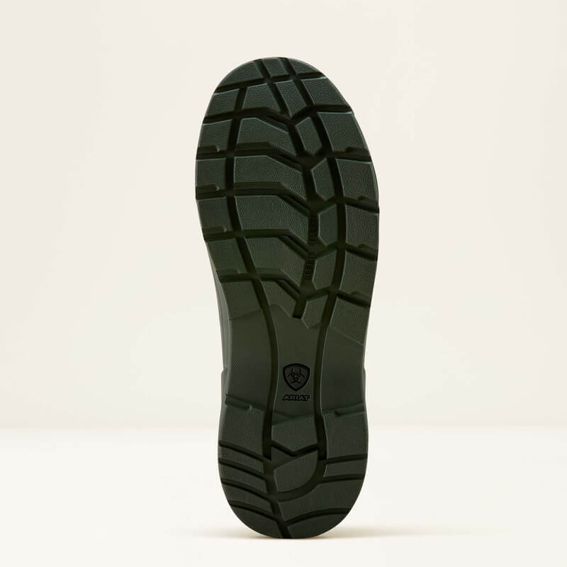 Ariat Kelmarsh Mid Dark Olive waterproof boot’s treaded sole shown from below on plain background.