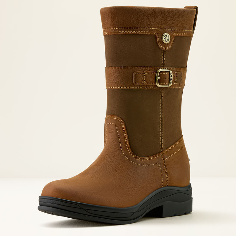 Ariat Womens Bampton H2O waterproof boots in baked brown with side buckles and black soles.