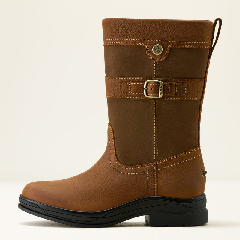Ariat Womens Bampton H2O Waterproof Boots in baked brown with gold buckle and rubber sole.