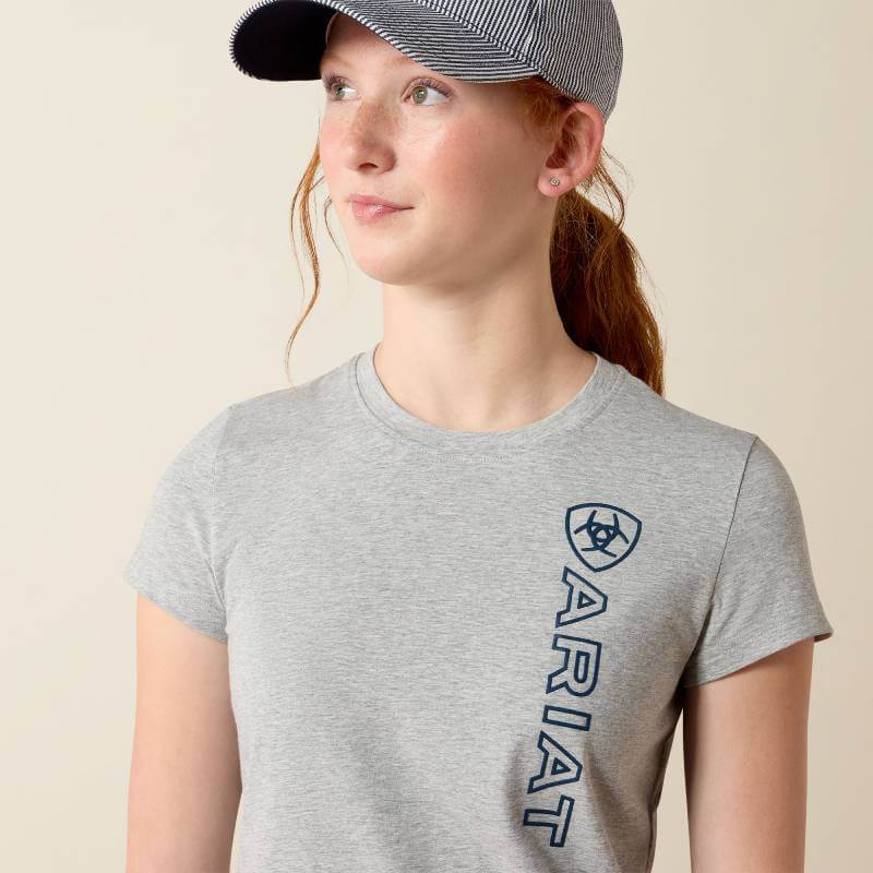 Youth in Ariat Vertical Logo SS T-Shirt Heather Grey/Navy; organic cotton blend kids shirt.