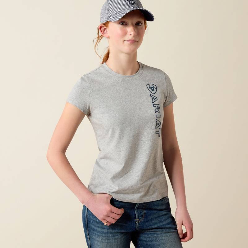 Youth in Ariat Vertical Logo SS T-Shirt Heather Grey/Navy; organic cotton blend kids shirt.